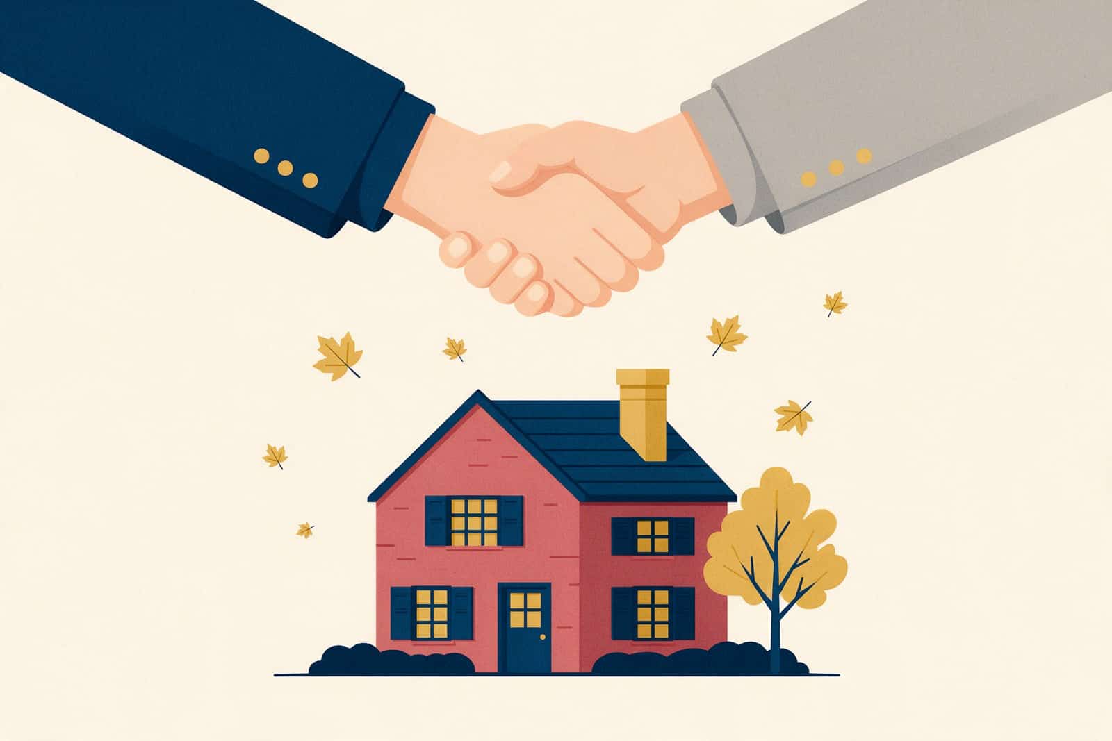 Two hands shaking above the roof of a red brick two-storey house with maple leaves falling, illustration